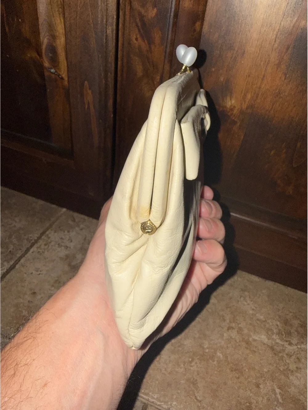 Vintage 1950s Ingber Cream Leather Evening Clutch Purse w/ Original Mirror - MCM